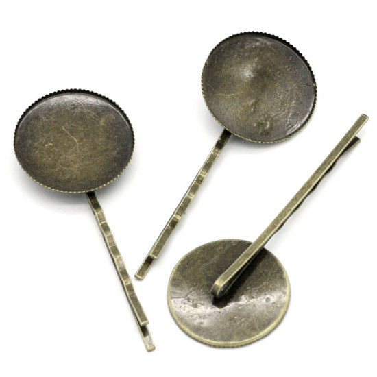 2 個 真鍮 ヘアクリップ 銅古美 円形 リップル 台座付 (適応サイズ： 25mm) 64mm x 26mm、 の画像