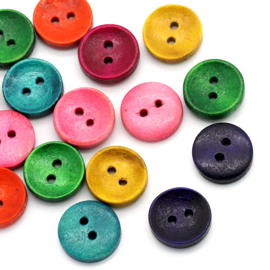 Image de Bouton de Couture en Bois Naturel 2 Trous Rond Couleur au Hasard 15mm Dia, 100 PCs