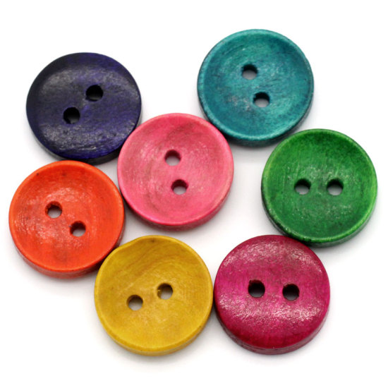 Image de Bouton de Couture en Bois Naturel 2 Trous Rond Couleur au Hasard 15mm Dia, 100 PCs