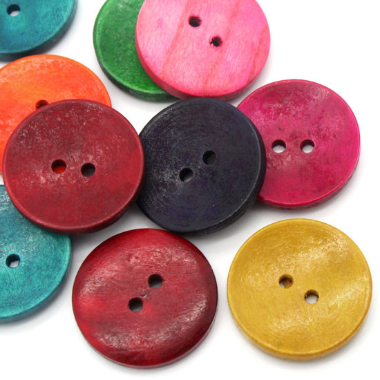 Image de Bouton de Couture en Bois Naturel 2 Trous Rond Couleur au Hasard 3cm Dia, 50 PCs