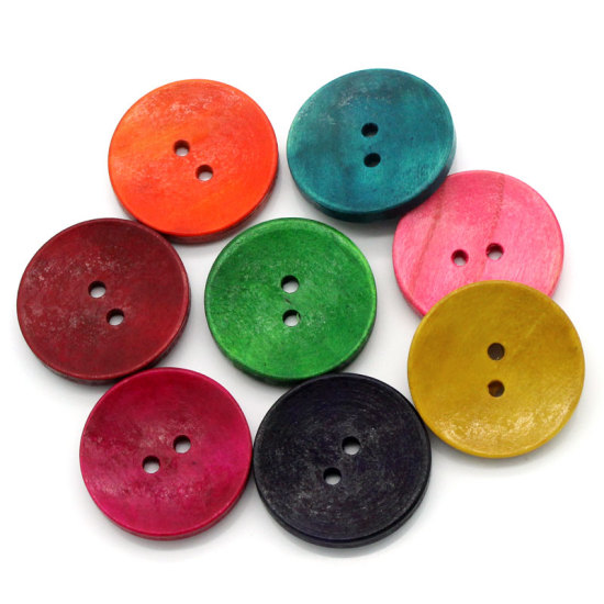 Image de Bouton de Couture en Bois Naturel 2 Trous Rond Couleur au Hasard 3cm Dia, 50 PCs