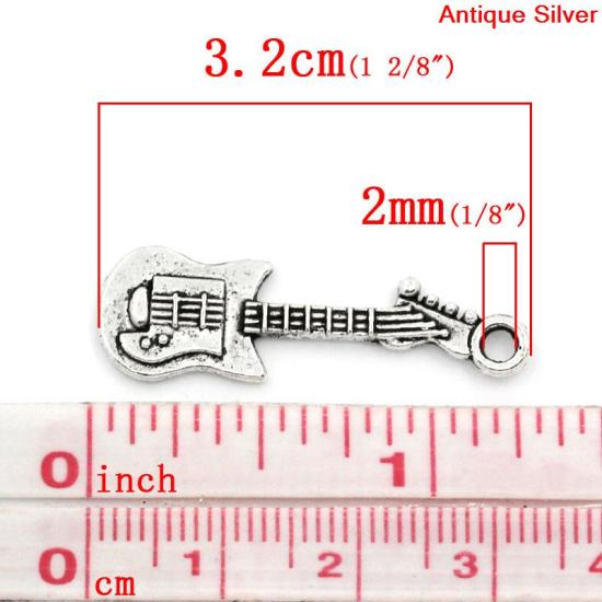 亜鉛合金 チャームペンダント ギター 銀古美 3.2cm x 10.0mm、 50 PCs  の画像