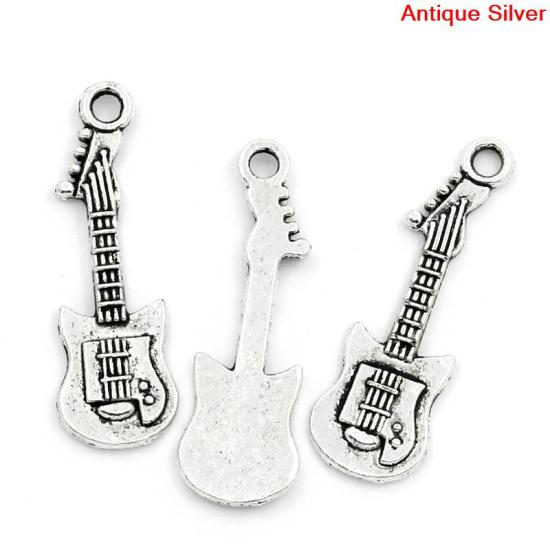 亜鉛合金 チャームペンダント ギター 銀古美 3.2cm x 10.0mm、 50 PCs  の画像