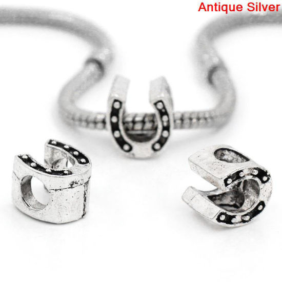 Image de Perles à Gros Trou au Style Européen en Alliage de Zinc Empreintes de Cheval Argent Antique 11mm x 10mm, Tailles de Trous: 5.1mm, 20 Pcs