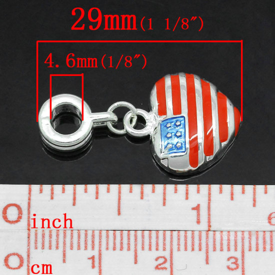 Image de Pendentifs Perle Dangle à Gros Trou au Style Européen en Alliage de Zinc Cœur Argenté Drapeaux Email Rouge & Bleu 29mm x 15mm, Tailles de Trous: 4.6mm, 5 Pcs