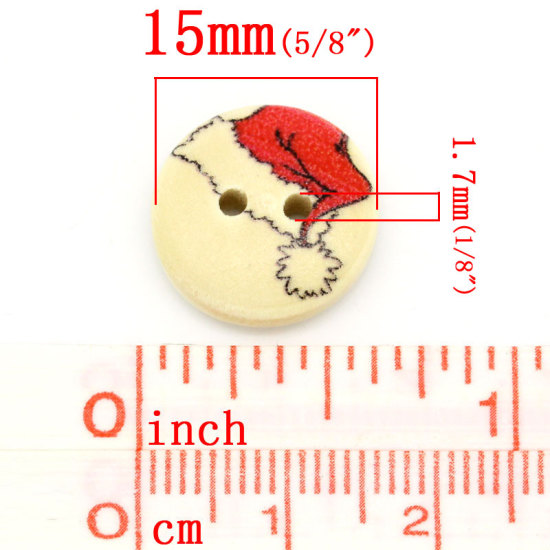ウッド ボタン 円形 自然な色 二つ穴 クリスマスの帽子柄 15mm 直径、 100 個 の画像