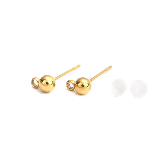 Picture of Stainless Steel Ear Post Stud Earrings Round Gold Plated W/ Loop 6mm x 4mm, Post/ Wire Size: (21 gauge), 10 PCs