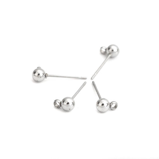 Picture of Stainless Steel Ear Post Stud Earrings Round Silver Tone W/ Loop 6mm x 4mm, Post/ Wire Size: (21 gauge), 20 PCs