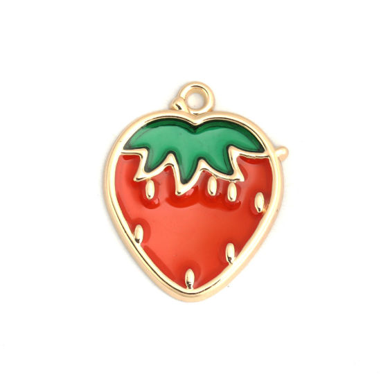 Immagine di Lega di Zinco Charms Fragola Oro Placcato Rosso & Verde Smalto 27mm x 22mm , 5 Pz