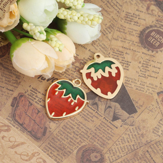 Immagine di Lega di Zinco Charms Fragola Oro Placcato Rosso & Verde Smalto 27mm x 22mm , 5 Pz