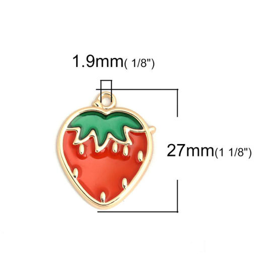 Immagine di Lega di Zinco Charms Fragola Oro Placcato Rosso & Verde Smalto 27mm x 22mm , 5 Pz