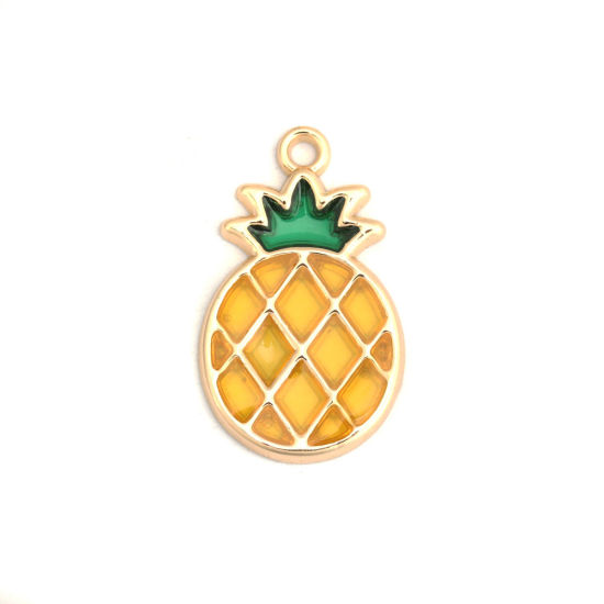 Immagine di Lega di Zinco Charms Ananas Oro Placcato Verde & Giallo Smalto 28mm x 17mm , 5 Pz