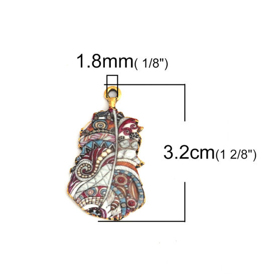 亜鉛合金 ペンダント 羽 金メッキ 多色 エナメル 3.2cm x 1.8cm、 10 個 の画像