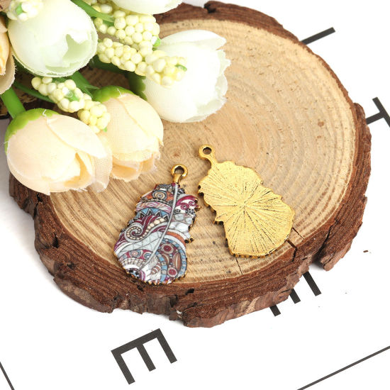 亜鉛合金 ペンダント 羽 金メッキ 多色 エナメル 3.2cm x 1.8cm、 10 個 の画像