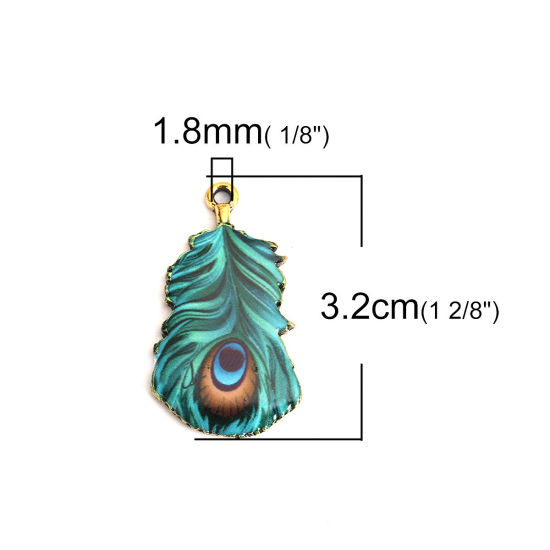 亜鉛合金 ペンダント 羽 金メッキ ピーコックグリーン エナメル 3.2cm x 1.8cm、 10 個 の画像