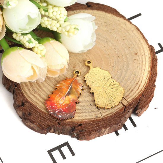 亜鉛合金 ペンダント 羽 金メッキ 多色 エナメル 3.2cm x 1.8cm、 10 個 の画像