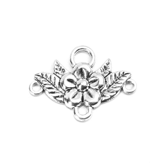 Picture of Zinc Based Alloy Connectors Flower Antique Silver Color Carved Pattern 3.2cm x 2.3cm, 50 PCs