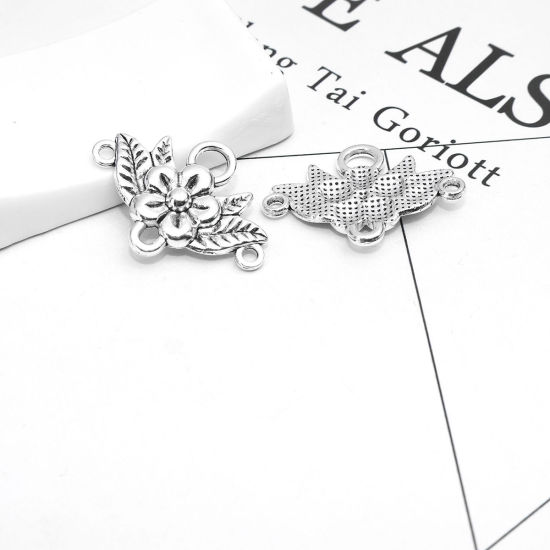 Picture of Zinc Based Alloy Connectors Flower Antique Silver Color Carved Pattern 3.2cm x 2.3cm, 50 PCs