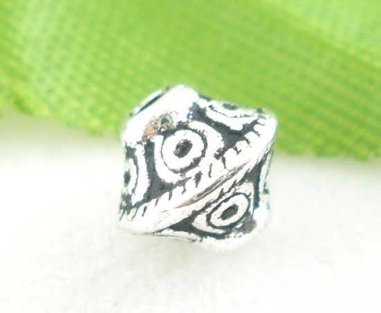 Image de Perle en Alliage de Zinc Bicône Argent Vieilli à Pois 6mm x 6mm, Taille de Trou: 1.6mm, 100 PCs