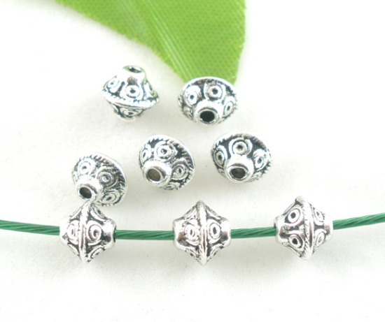 Image de Perle en Alliage de Zinc Bicône Argent Vieilli à Pois 6mm x 6mm, Taille de Trou: 1.6mm, 100 PCs