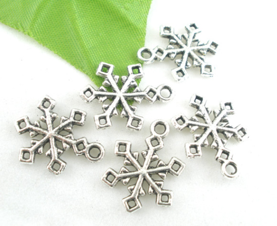 Image de Pendentifs en Alliage de Zinc Flocon de Neige de Noël Argent Vieilli 19mm x 14mm, 50 Pcs