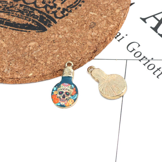Bild von Zinklegierung Charms Glühbirne Vergoldet Bunt Skelett Emaille 22mm x 12mm, 10 Stück