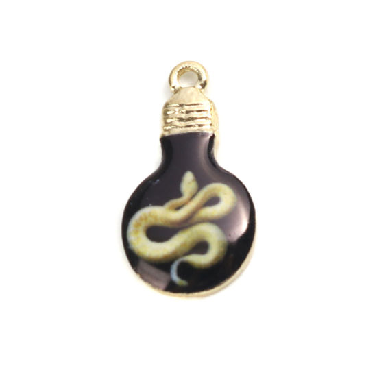 Bild von Zinklegierung Charms Glühbirne Vergoldet Schwarz & Gelb Schlange Emaille 22mm x 12mm, 10 Stück