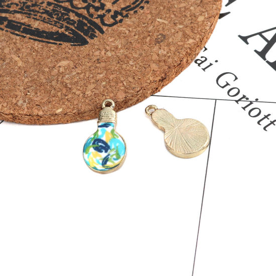 Bild von Zinklegierung Charms Glühbirne Vergoldet Bunt Blume Blätter Emaille 22mm x 12mm, 10 Stück