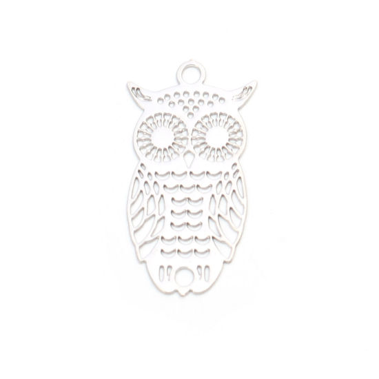 Image de Breloques en Laiton Hibou Argent Mat Estampe en Filigrane 24mm x 13mm, 10 Pcs