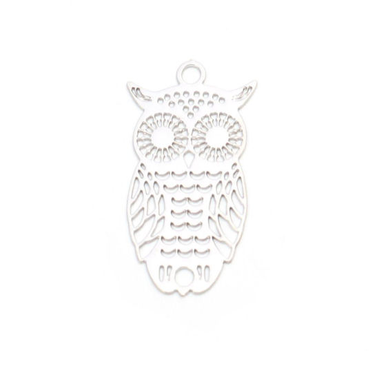 Image de Breloques en Laiton Hibou Argent Mat Estampe en Filigrane 24mm x 13mm, 10 Pcs