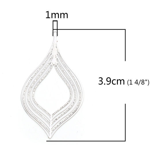 Imagen de 20 Unidades Latón Filigrana Estampación Colgantes Tono de Plata Hoja Raya Hueco 3.9cm x 2.2cm