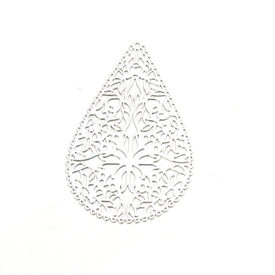 Imagen de Latón Colgantes Tono de Plata Gota Flor Hueco 4cm x 2.7cm, 10 Unidades