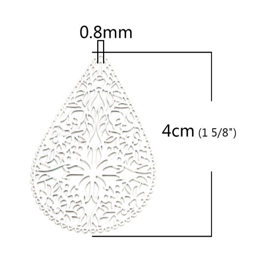 Imagen de Latón Colgantes Tono de Plata Gota Flor Hueco 4cm x 2.7cm, 10 Unidades