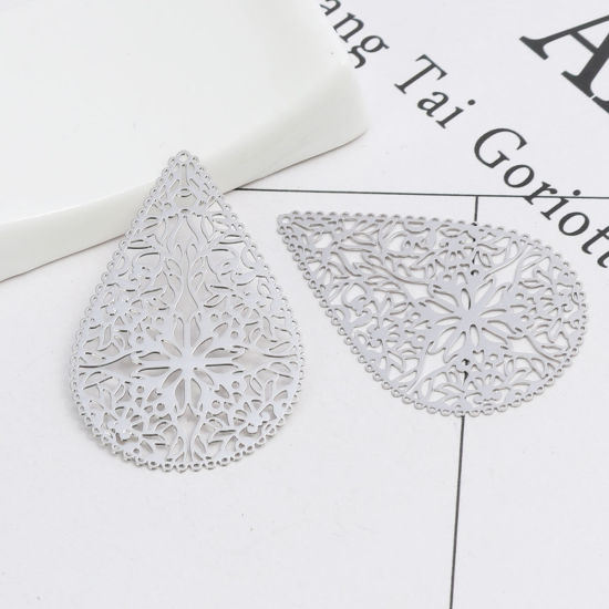 Imagen de Latón Colgantes Tono de Plata Gota Flor Hueco 4cm x 2.7cm, 10 Unidades