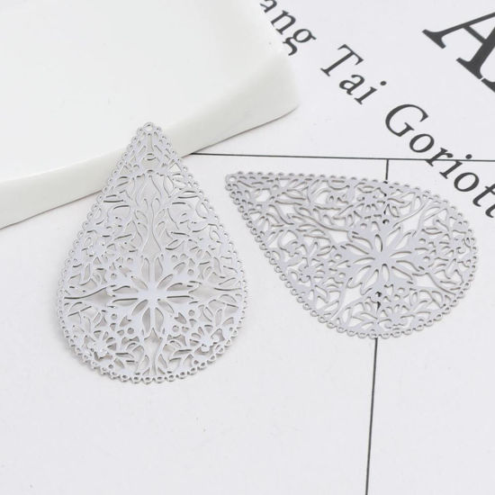 Image de Pendentifs en Laiton Goutte d'Eau Argent Mat Spiral Estampe en Filigrane 6.5cm x 1.6cm, 10 Pcs