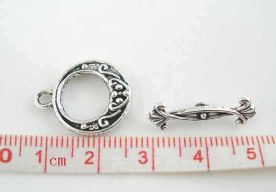 亜鉛合金 トグルクラスプ 円形 銀古美 花パターン 19mm x 15mm、 20 セット の画像