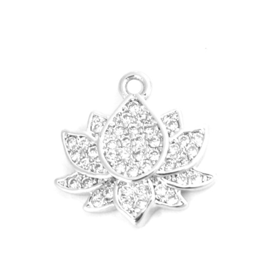 Image de Breloques en Laiton Fleur de Lotus Plaqué Platine Véritable 18K à Strass Transparent 13mm x 13mm, 1 Pièce