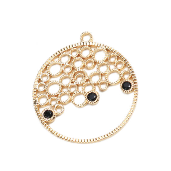 Immagine di Ottone Charms 18K Vero Oro Placcato Tondo Filigrana Nero Strass 24mm x 22mm, 2 Pz