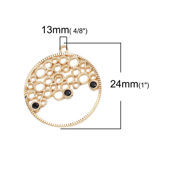 Immagine di Ottone Charms 18K Vero Oro Placcato Tondo Filigrana Nero Strass 24mm x 22mm, 2 Pz