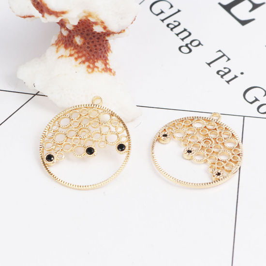Immagine di Ottone Charms 18K Vero Oro Placcato Tondo Filigrana Nero Strass 24mm x 22mm, 2 Pz