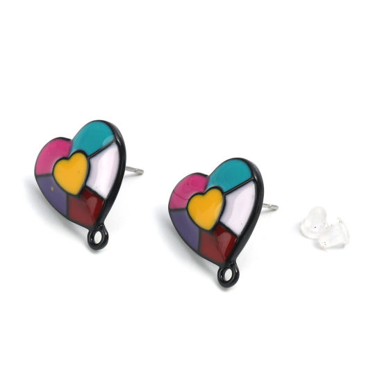 Image de Boucles d'Oreilles Puces en Alliage de Zinc Cœur Multicolore avec Boucle 17mm x 15mm, Epaisseur de Fil: (21 gauge), 6 Pcs