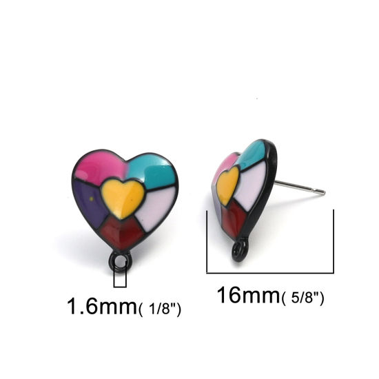 Image de Boucles d'Oreilles Puces en Alliage de Zinc Cœur Multicolore avec Boucle 17mm x 15mm, Epaisseur de Fil: (21 gauge), 6 Pcs