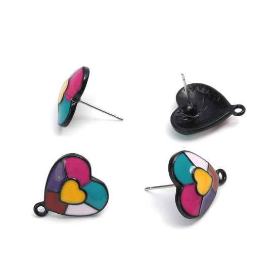 Image de Boucles d'Oreilles Puces en Alliage de Zinc Cœur Multicolore avec Boucle 17mm x 15mm, Epaisseur de Fil: (21 gauge), 6 Pcs