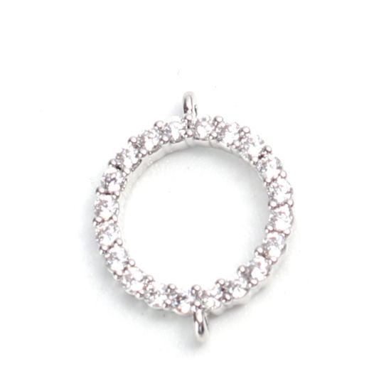 Imagen de Latón Micro Pave Conectores Ronda 18K Platino Real Chapado Hueco Transparente Rhinestone 12mm x 10mm, 2 Unidades
