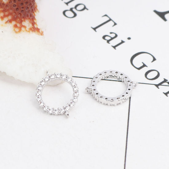 Imagen de Latón Micro Pave Conectores Ronda 18K Platino Real Chapado Hueco Transparente Rhinestone 12mm x 10mm, 2 Unidades