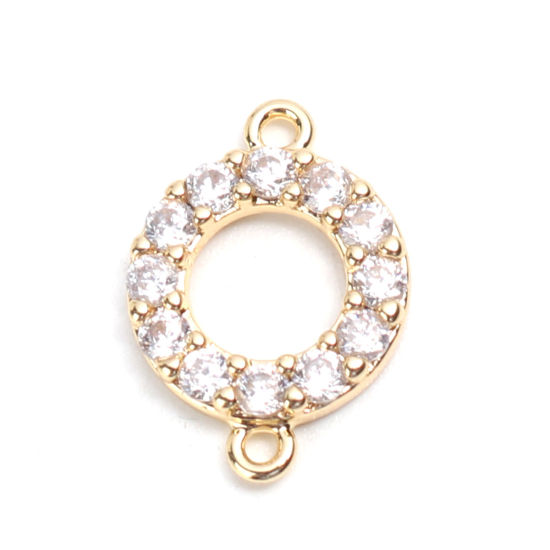 Imagen de Latón Micro Pave Conectores Ronda 18K Oro Real Chapado Hueco Transparente Rhinestone 15mm x 10mm, 2 Unidades
