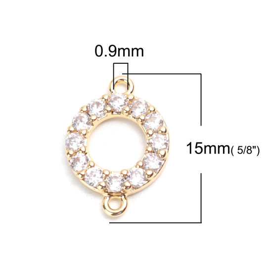 Imagen de Latón Micro Pave Conectores Ronda 18K Oro Real Chapado Hueco Transparente Rhinestone 15mm x 10mm, 2 Unidades