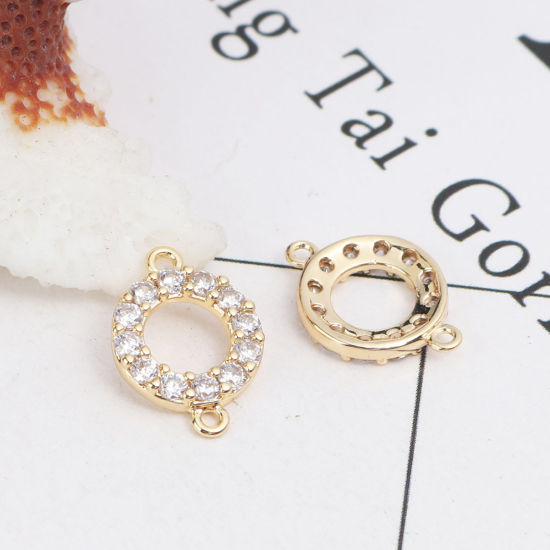 Imagen de Latón Micro Pave Conectores Ronda 18K Oro Real Chapado Hueco Transparente Rhinestone 15mm x 10mm, 2 Unidades