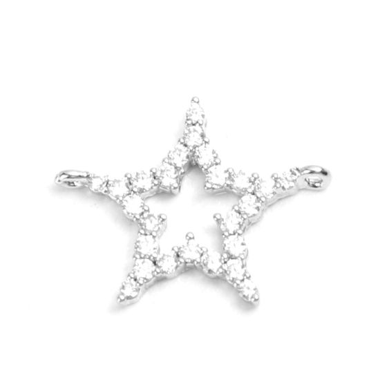 Imagen de Latón Micro Pave Conectores Estrellas de cinco puntos 18K Platino Real Chapado Hueco Transparente Rhinestone 15mm x 12mm, 2 Unidades
