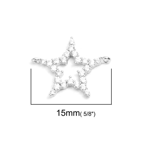 Imagen de Latón Micro Pave Conectores Estrellas de cinco puntos 18K Platino Real Chapado Hueco Transparente Rhinestone 15mm x 12mm, 2 Unidades
